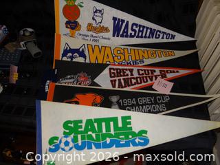 MaxSold Auction: Vintage sports pennant lot, approx. 10 pieces - New Westminster (British Columbia, Canada) SELLER MANAGED Downsizing Online Auction - Eighth Street