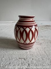 MaxSold Auction: Small Red and White Pottery Bud Vase - Small Pottery Vessel with Striping Design - Kingston (Ontario, Canada) SELLER MANAGED Downsizing Online Auction - Bishop Street