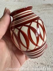 MaxSold Auction: Small Red and White Pottery Bud Vase - Small Pottery Vessel with Striping Design - Kingston (Ontario, Canada) SELLER MANAGED Downsizing Online Auction - Bishop Street
