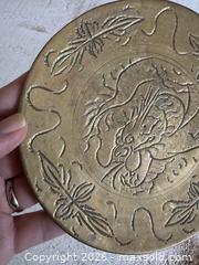 MaxSold Auction: Vintage Brass Dragon Etched and Tarnished Metal Trinket Dish - Decorative Tray with Dragon Design Etching - Made in China - Kingston (Ontario, Canada) SELLER MANAGED Downsizing Online Auction - Bishop Street