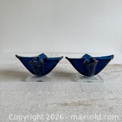 MaxSold Auction: Vintage Cobalt Blue Hard Plastic Formed Candlestick Holders - Vintage Blue Flower Shaped Holders - Kingston (Ontario, Canada) SELLER MANAGED Downsizing Online Auction - Bishop Street