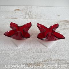 MaxSold Auction: Vintage Red Hard Plastic Formed Candlestick Holders - Vintage Red Flower Shaped Holders - Kingston (Ontario, Canada) SELLER MANAGED Downsizing Online Auction - Bishop Street
