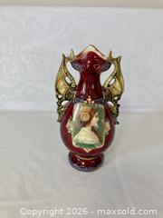 MaxSold Auction: ANTIQUE MAJOLICA DOUBLE DRAGON HANDLE PRINCESS PORTRAIT 8 3/4" VASE  - Coquitlam (British Columbia, Canada) SELLER MANAGED Downsizing Online Auction - Delestre Avenue