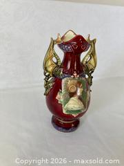 MaxSold Auction: ANTIQUE MAJOLICA DOUBLE DRAGON HANDLE PRINCESS PORTRAIT 8 3/4" VASE  - Coquitlam (British Columbia, Canada) SELLER MANAGED Downsizing Online Auction - Delestre Avenue