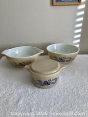 MaxSold Auction: Vintage Pyrex Homestead,  tan Speckled Blue 3 pcs, # 473, #403, #443 - Coquitlam (British Columbia, Canada) SELLER MANAGED Downsizing Online Auction - Delestre Avenue