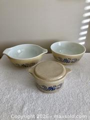MaxSold Auction: Vintage Pyrex Homestead,  tan Speckled Blue 3 pcs, # 473, #403, #443 - Coquitlam (British Columbia, Canada) SELLER MANAGED Downsizing Online Auction - Delestre Avenue