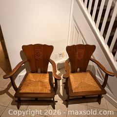MaxSold Auction: Pair of Antique Dutch Arts and Crafts Oak Armchairs with Rush Seats and Carved Heraldic Crests - Oakville (Ontario, Canada) PARTNER MANAGED Estate Sale Online Auction - Lakeshore Road West
