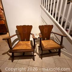 MaxSold Auction: Pair of Antique Dutch Arts and Crafts Oak Armchairs with Rush Seats and Carved Heraldic Crests - Oakville (Ontario, Canada) PARTNER MANAGED Estate Sale Online Auction - Lakeshore Road West