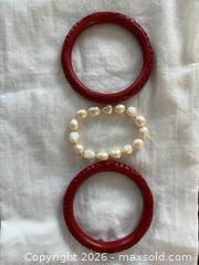 MaxSold Auction:  Pair of Carved Lacquer Cinnabar Bangels and Pearl Bracelet - Oakville (Ontario, Canada) PARTNER MANAGED Estate Sale Online Auction - Lakeshore Road West