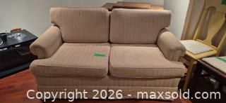 MaxSold Auction: Beige Two-Seat Loveseat with Subtle Vertical Stripe - Toronto (Ontario, Canada) PARTNER MANAGED Downsizing Online Auction - Dawlish Avenue