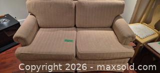 MaxSold Auction: Beige Two-Seat Loveseat with Subtle Vertical Stripe - Toronto (Ontario, Canada) PARTNER MANAGED Downsizing Online Auction - Dawlish Avenue