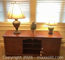 MaxSold Auction: Wood TV Stand / Media Console with 3 Lamps, Medium Cherry Finish B - Plymouth (Massachusetts, USA) PARTNER MANAGED Moving Online Auction - Stonebridge