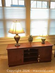 MaxSold Auction: Wood TV Stand / Media Console with 3 Lamps, Medium Cherry Finish B - Plymouth (Massachusetts, USA) PARTNER MANAGED Moving Online Auction - Stonebridge