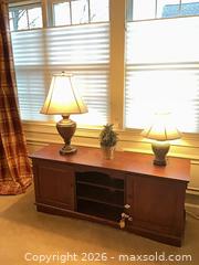 MaxSold Auction: Wood TV Stand / Media Console with 3 Lamps, Medium Cherry Finish B - Plymouth (Massachusetts, USA) PARTNER MANAGED Moving Online Auction - Stonebridge