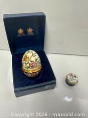 MaxSold Auction: Pair of Halcyon Days Enameled Floral Egg Trinket Box + Mini Je’taime Box - Toronto (Ontario, Canada) PARTNER MANAGED Estate Sale Online Auction - Edmond Avenue