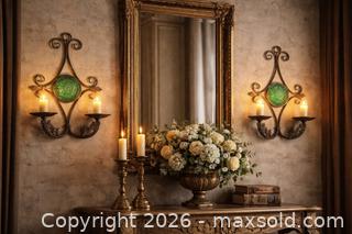 MaxSold Auction: Pair of Vintage Wrought Iron Candle Sconces with Green Glass Medallions - Newmarket (Ontario, Canada) SELLER MANAGED Downsizing Online Auction -  Brimson Drive (STORAGE)
