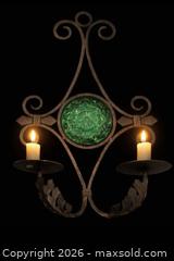 MaxSold Auction: Pair of Vintage Wrought Iron Candle Sconces with Green Glass Medallions - Newmarket (Ontario, Canada) SELLER MANAGED Downsizing Online Auction -  Brimson Drive (STORAGE)
