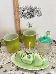 MaxSold Auction:  2 Fire king Mugs unmarked Jam pot & Condiment Set by  Carltontonware   - Gull Lake (Alberta, Canada) SELLER MANAGED Reseller Online Auction -  Stuart Avenue