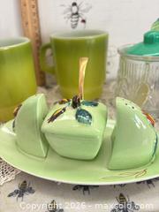 MaxSold Auction:  2 Fire king Mugs unmarked Jam pot & Condiment Set by  Carltontonware   - Gull Lake (Alberta, Canada) SELLER MANAGED Reseller Online Auction -  Stuart Avenue