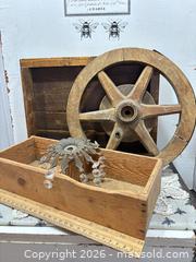 MaxSold Auction:  Antique Chandelier crown, wheel/pulley & wooden tray — 12–16 in - Gull Lake (Alberta, Canada) SELLER MANAGED Reseller Online Auction -  Stuart Avenue