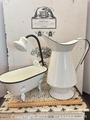MaxSold Auction: Enamel Pitcher & Mini Clawfoot Tub Shower Prop (White/Black Trim) - Gull Lake (Alberta, Canada) SELLER MANAGED Reseller Online Auction -  Stuart Avenue