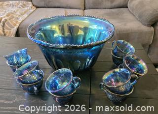MaxSold Auction: Blue-Green Iridescent Carnival Glass Punch Bowl Set - New Westminster (British Columbia, Canada) SELLER MANAGED Reseller Online Auction - Canfor Avenue