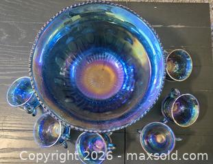 MaxSold Auction: Blue-Green Iridescent Carnival Glass Punch Bowl Set - New Westminster (British Columbia, Canada) SELLER MANAGED Reseller Online Auction - Canfor Avenue
