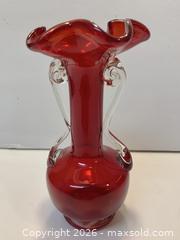 MaxSold Auction: Ruby Red Hand-Blown Glass Vase with Clear Applied Handles - New Westminster (British Columbia, Canada) SELLER MANAGED Reseller Online Auction - Canfor Avenue