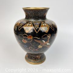 MaxSold Auction: 1800s Japanese Cloisonne Footed Vase Meiji Period Brass and Black with Cranes  - Toronto (Ontario, Canada) SELLER MANAGED Downsizing Online Auction - Greenland Road