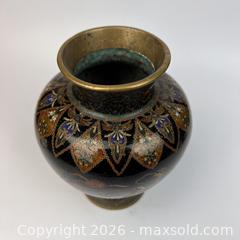 MaxSold Auction: 1800s Japanese Cloisonne Footed Vase Meiji Period Brass and Black with Cranes  - Toronto (Ontario, Canada) SELLER MANAGED Downsizing Online Auction - Greenland Road
