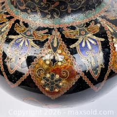 MaxSold Auction: 1800s Japanese Cloisonne Footed Vase Meiji Period Brass and Black with Cranes  - Toronto (Ontario, Canada) SELLER MANAGED Downsizing Online Auction - Greenland Road