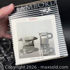 MaxSold Auction: Bodum Glasses Chambord Plus Cream and Sugar in Box Vintage 80s Memphis Milano - Toronto (Ontario, Canada) SELLER MANAGED Downsizing Online Auction - Greenland Road