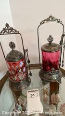 MaxSold Auction: Two Cranberry Glass Pickle Cruets - Kingston (Ontario, Canada) PARTNER MANAGED Estate Sale Online Auction - Princess Street. (STORAGE)