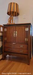 MaxSold Auction: Mid-Century Campaign-Style Walnut Finish Cabinet 36x28x16 - Kingston (Ontario, Canada) SELLER MANAGED Downsizing Online Auction - Langfield Street
