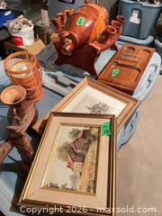 MaxSold Auction: Mixed Vintage Wooden Home Décor Lot — Barrel Decanter, Prints, Totem - Kingston (Ontario, Canada) SELLER MANAGED Downsizing Online Auction - Langfield Street