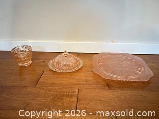 MaxSold Auction: Lot of 3 Pink Depression Glass: Plate, Covered Butter Dish, Creamer - Saanich (British Columbia, Canada) SELLER MANAGED Estate Sale Online Auction - Doncaster Drive