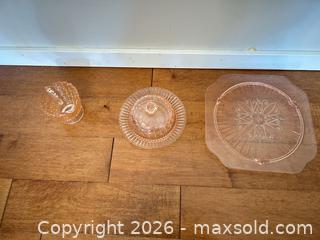MaxSold Auction: Lot of 3 Pink Depression Glass: Plate, Covered Butter Dish, Creamer - Saanich (British Columbia, Canada) SELLER MANAGED Estate Sale Online Auction - Doncaster Drive