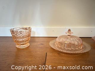 MaxSold Auction: Lot of 3 Pink Depression Glass: Plate, Covered Butter Dish, Creamer - Saanich (British Columbia, Canada) SELLER MANAGED Estate Sale Online Auction - Doncaster Drive