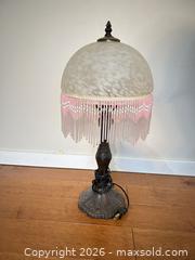 MaxSold Auction: Vintage Bronze Metal Table Lamp with Glass Shade and Beaded Fringe - Saanich (British Columbia, Canada) SELLER MANAGED Estate Sale Online Auction - Doncaster Drive