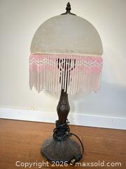 MaxSold Auction: Vintage Bronze Metal Table Lamp with Glass Shade and Beaded Fringe - Saanich (British Columbia, Canada) SELLER MANAGED Estate Sale Online Auction - Doncaster Drive