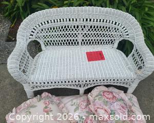 MaxSold Auction: White Painted Wicker Child-Size Loveseat with Seat Cushion - San Jose (California, USA) PARTNER MANAGED Estate Sale Online Auction - Dunn Ave