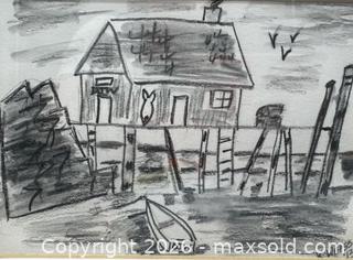 MaxSold Auction: Authentic Framed Charcoal & Graphite Sketch Stilted House Ocean K. Weiss 2013 - Cumming (Georgia, USA) SELLER MANAGED Estate Sale Online Auction -  James Burgess Road (Storage)