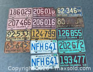 MaxSold Auction: Lot of 14 vintage British Columbia Metal License Plates - Vancouver (British Columbia, Canada) SELLER MANAGED Downsizing Online Auction - Ortona Crescent