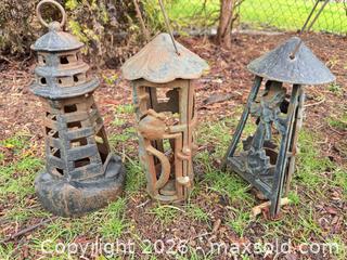 MaxSold Auction: Lot of 9 Cast Iron Asian Pagoda Garden Lanterns - 1 plaster - Vancouver (British Columbia, Canada) SELLER MANAGED Downsizing Online Auction - Ortona Crescent