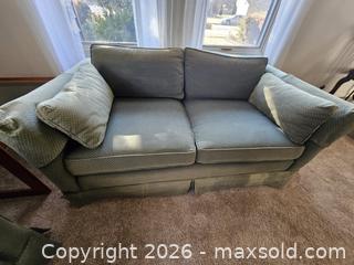 MaxSold Auction: Green Woven Fabric Loveseat, 2-Seat - Virginia Beach (Virginia, USA) SELLER MANAGED Downsizing Online Auction - Beachview Drive