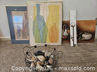 MaxSold Auction: Lot: 4 Framed Art Pieces + Decorative Bowl with Stones - Virginia Beach (Virginia, USA) SELLER MANAGED Downsizing Online Auction - Beachview Drive