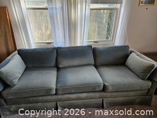 MaxSold Auction: Traditional Tailored Skirted 3-Seat Sofa in Muted Teal Dotted Fabric - Virginia Beach (Virginia, USA) SELLER MANAGED Downsizing Online Auction - Beachview Drive