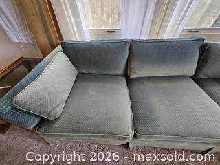 MaxSold Auction: Traditional Tailored Skirted 3-Seat Sofa in Muted Teal Dotted Fabric - Virginia Beach (Virginia, USA) SELLER MANAGED Downsizing Online Auction - Beachview Drive