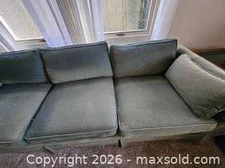 MaxSold Auction: Traditional Tailored Skirted 3-Seat Sofa in Muted Teal Dotted Fabric - Virginia Beach (Virginia, USA) SELLER MANAGED Downsizing Online Auction - Beachview Drive