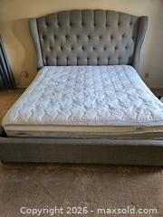 MaxSold Auction: Upholstered Tufted Wingback Bed Frame with Mattress, 85x87 - Virginia Beach (Virginia, USA) SELLER MANAGED Downsizing Online Auction - Beachview Drive